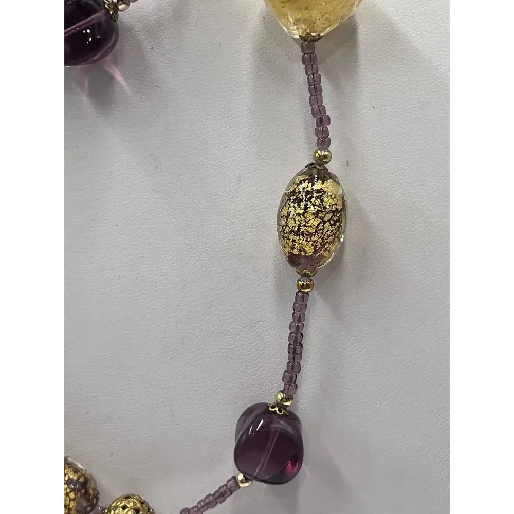 Purple Gold Foil Leaf Beaded Murano Vintage Glass Bead Embossed Brass Necklace‎